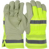West Chester HVY5555 PIP Pigskin Leather Palm Glove with Hi-Vis Nylon Back and Thermal Lining - Rubberized Safety Cuff
