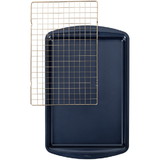 Wilton 2105-0-0350 Diamond-Infused Non-Stick Large Navy Blue Cookie Sheet with Gold Cooling Grid Set