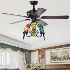 Warehouse of Tiffany CFL-8393REMO/BL Korubo 3-light 52-inch Lighted Ceiling Fan Tiffany Style Parrot Shades (Remote Controlled & 2 Color Option Blades)