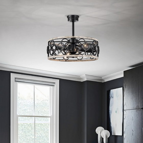 Warehouse of Tiffany DY12Y12WB Luo 25 in. 6-Light Indoor Matte Black and Faux Wood Grain Finish Ceiling Fan with Light Kit