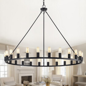 Warehouse of Tiffany PD001/24MB Liam 48 in. 24-Light Indoor Matte Black Finish Round Wagon Wheel Chandelier with Light Kit