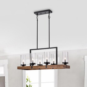 Warehouse of Tiffany PD002/6BR Sonoma 36 in. 6-Light Indoor Black and Oak Finish Linear Chandelier with Light Kit