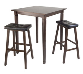 Winsome 94399 Kingsgate 3-Pc High Table with Cushion Saddle Seat Bar Stools, Walnut and Black