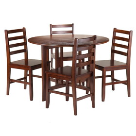 Winsome 94565 Alamo 5-Pc Round Drop Leaf Table with Ladder-back Chairs, Walnut